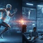 A futuristic graphic showing a running athlete with a glowing digital skeleton overlayed, next to a screen displaying real-time performance data and analytics showing AI in sports