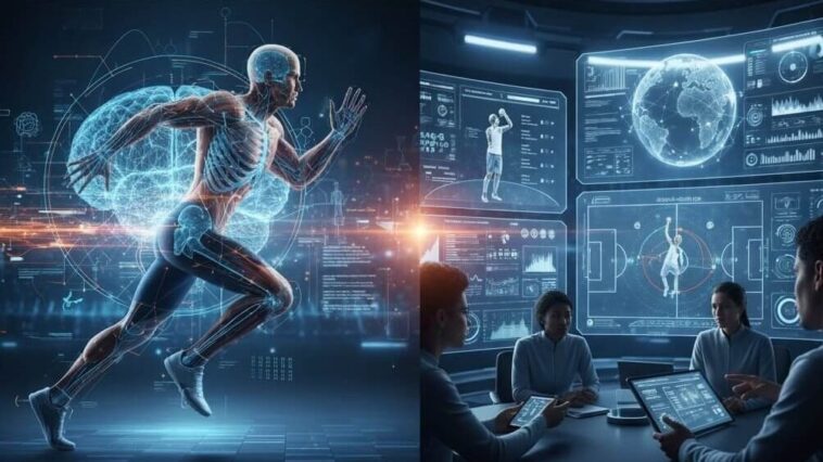 A futuristic graphic showing a running athlete with a glowing digital skeleton overlayed, next to a screen displaying real-time performance data and analytics showing AI in sports