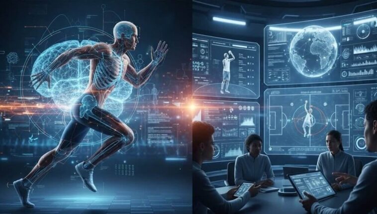 A futuristic graphic showing a running athlete with a glowing digital skeleton overlayed, next to a screen displaying real-time performance data and analytics showing AI in sports