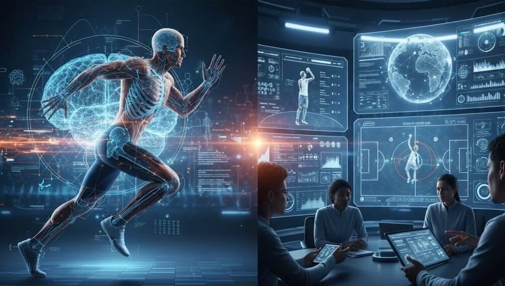 A futuristic graphic showing a running athlete with a glowing digital skeleton overlayed, next to a screen displaying real-time performance data and analytics showing AI in sports