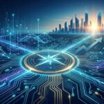 A futuristic digital illustration featuring a glowing compass icon at the center of a circuit board network, with data streams and an upward-pointing arrow leading towards a stylized, modern city skyline on the horizon at sunrise.