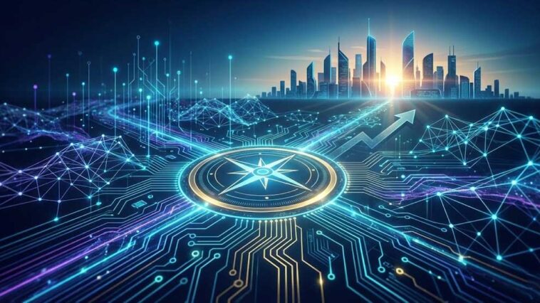 A futuristic digital illustration featuring a glowing compass icon at the center of a circuit board network, with data streams and an upward-pointing arrow leading towards a stylized, modern city skyline on the horizon at sunrise.