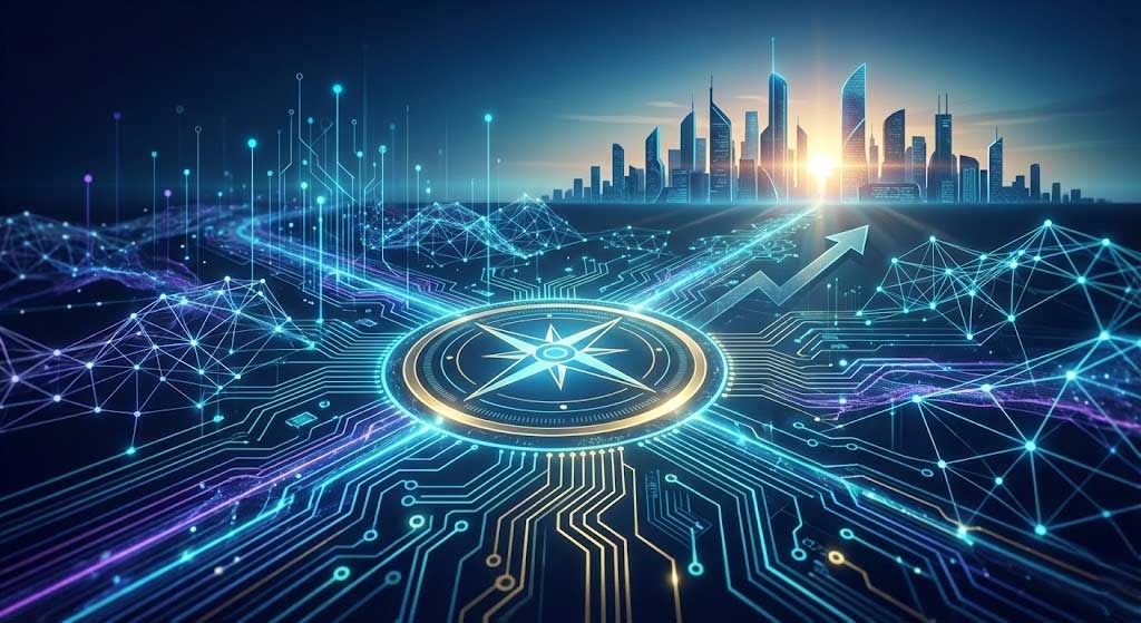 A futuristic digital illustration featuring a glowing compass icon at the center of a circuit board network, with data streams and an upward-pointing arrow leading towards a stylized, modern city skyline on the horizon at sunrise.