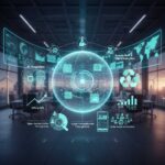 Futuristic graphic showing the top Business Trends of 2025: AI Integration, ESG sustainability, and Remote Work.