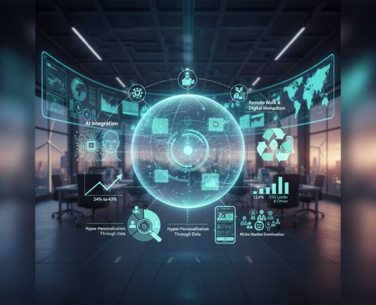 Futuristic graphic showing the top Business Trends of 2025: AI Integration, ESG sustainability, and Remote Work.