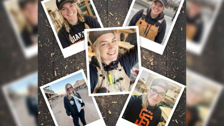 Christina Nomadak, female carpenter working on construction project in Palmer Alaska wearing safety gear and holding power tools.