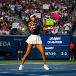 Professional tennis player Coco Gauff hitting a forehand on the court during the US Open final, with the scoreboard showing "US Open Champion GAUIFF SET: 2-0"