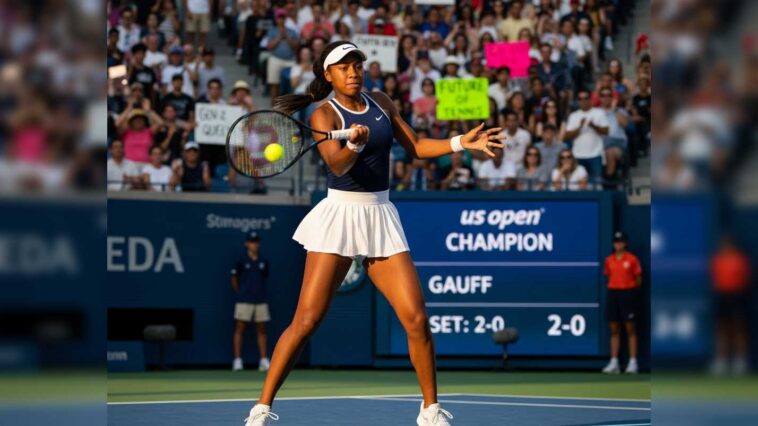 Professional tennis player Coco Gauff hitting a forehand on the court during the US Open final, with the scoreboard showing "US Open Champion GAUIFF SET: 2-0"