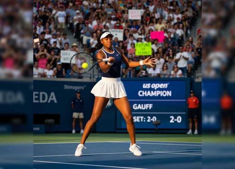 Professional tennis player Coco Gauff hitting a forehand on the court during the US Open final, with the scoreboard showing "US Open Champion GAUIFF SET: 2-0"