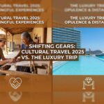 Split-screen illustration showing a traveler learning traditional weaving from a local artisan on the left, contrasted with an empty luxury resort pool and cruise ship on the right, representing Cultural Travel 2025 trends.