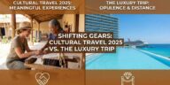 Split-screen illustration showing a traveler learning traditional weaving from a local artisan on the left, contrasted with an empty luxury resort pool and cruise ship on the right, representing Cultural Travel 2025 trends.