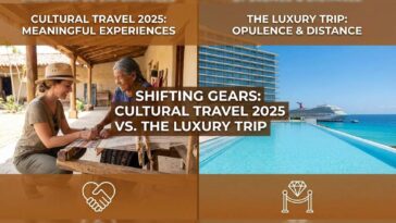 Split-screen illustration showing a traveler learning traditional weaving from a local artisan on the left, contrasted with an empty luxury resort pool and cruise ship on the right, representing Cultural Travel 2025 trends.