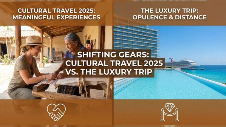 Split-screen illustration showing a traveler learning traditional weaving from a local artisan on the left, contrasted with an empty luxury resort pool and cruise ship on the right, representing Cultural Travel 2025 trends.