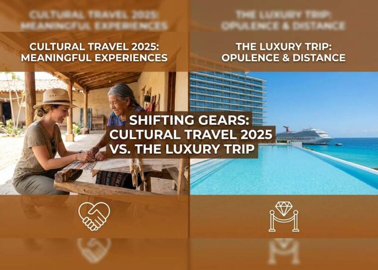 Split-screen illustration showing a traveler learning traditional weaving from a local artisan on the left, contrasted with an empty luxury resort pool and cruise ship on the right, representing Cultural Travel 2025 trends.