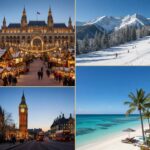 A vibrant December travel collage showing snowy Vienna Christmas market, sunny Turks and Caicos beach, Aspen ski slopes, and London's Big Ben at dusk for US Travelers