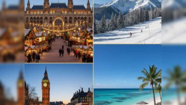 A vibrant December travel collage showing snowy Vienna Christmas market, sunny Turks and Caicos beach, Aspen ski slopes, and London's Big Ben at dusk for US Travelers