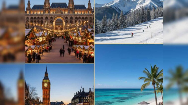 A vibrant December travel collage showing snowy Vienna Christmas market, sunny Turks and Caicos beach, Aspen ski slopes, and London's Big Ben at dusk for US Travelers
