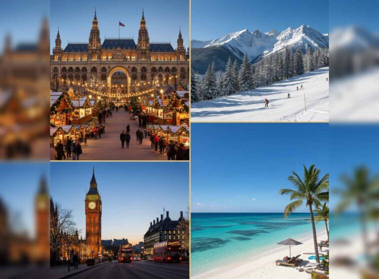 A vibrant December travel collage showing snowy Vienna Christmas market, sunny Turks and Caicos beach, Aspen ski slopes, and London's Big Ben at dusk for US Travelers