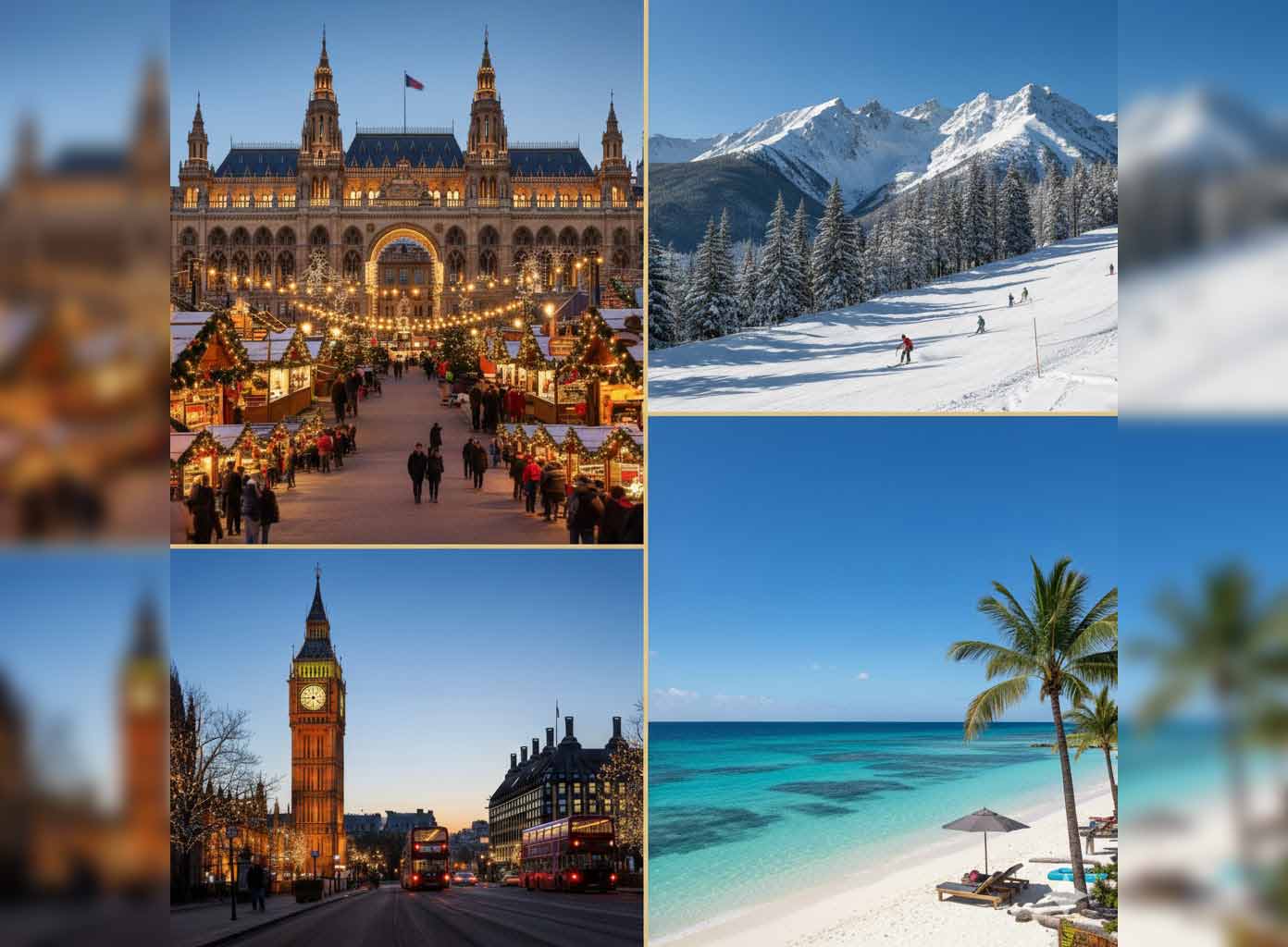 A vibrant December travel collage showing snowy Vienna Christmas market, sunny Turks and Caicos beach, Aspen ski slopes, and London's Big Ben at dusk for US Travelers