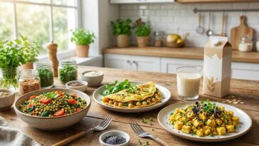A yellow banana featuring glowing digital circuit patterns and a metallic chip resting on a sterile laboratory table, symbolizing the fusion of food science and plant-based nutrition.