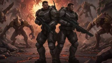 A promotional image for Gears of War: E-Day showing young Marcus Fenix and Dom Santiago standing back-to-back in early COG armor on a ruined city street as the Locust Horde emerges in the background. The text "GEARS OF WAR: E-DAY" and "2026 Release Window" is overlaid.