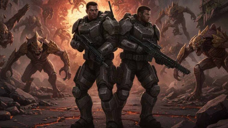 A promotional image for Gears of War: E-Day showing young Marcus Fenix and Dom Santiago standing back-to-back in early COG armor on a ruined city street as the Locust Horde emerges in the background. The text "GEARS OF WAR: E-DAY" and "2026 Release Window" is overlaid.