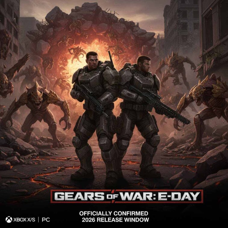 A promotional image for Gears of War: E-Day showing young Marcus Fenix and Dom Santiago standing back-to-back in early COG armor on a ruined city street as the Locust Horde emerges in the background. The text "GEARS OF WAR: E-DAY" and "2026 Release Window" is overlaid.