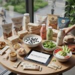 A table filled with diverse high-protein snacks for 2025, including Greek yogurt with berries, hard-boiled eggs, various protein bars and chips, edamame, cottage cheese with avocado, protein shakes, and almond butter. A tablet displays the blog title.