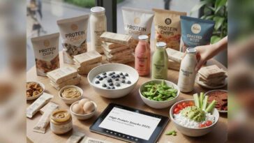 A table filled with diverse high-protein snacks for 2025, including Greek yogurt with berries, hard-boiled eggs, various protein bars and chips, edamame, cottage cheese with avocado, protein shakes, and almond butter. A tablet displays the blog title.