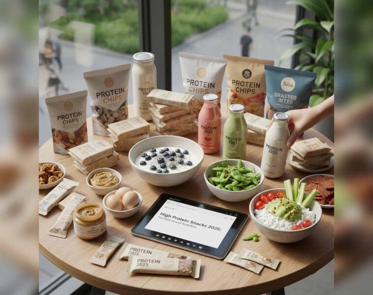 A table filled with diverse high-protein snacks for 2025, including Greek yogurt with berries, hard-boiled eggs, various protein bars and chips, edamame, cottage cheese with avocado, protein shakes, and almond butter. A tablet displays the blog title.