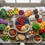 Top-down flat lay view of hormone-balancing foods including broccoli, kale, wild-caught salmon, avocado, blueberries, and walnuts arranged neatly on a white rustic wooden table.