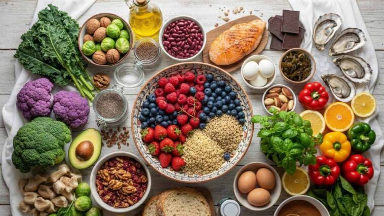 Top-down flat lay view of hormone-balancing foods including broccoli, kale, wild-caught salmon, avocado, blueberries, and walnuts arranged neatly on a white rustic wooden table.