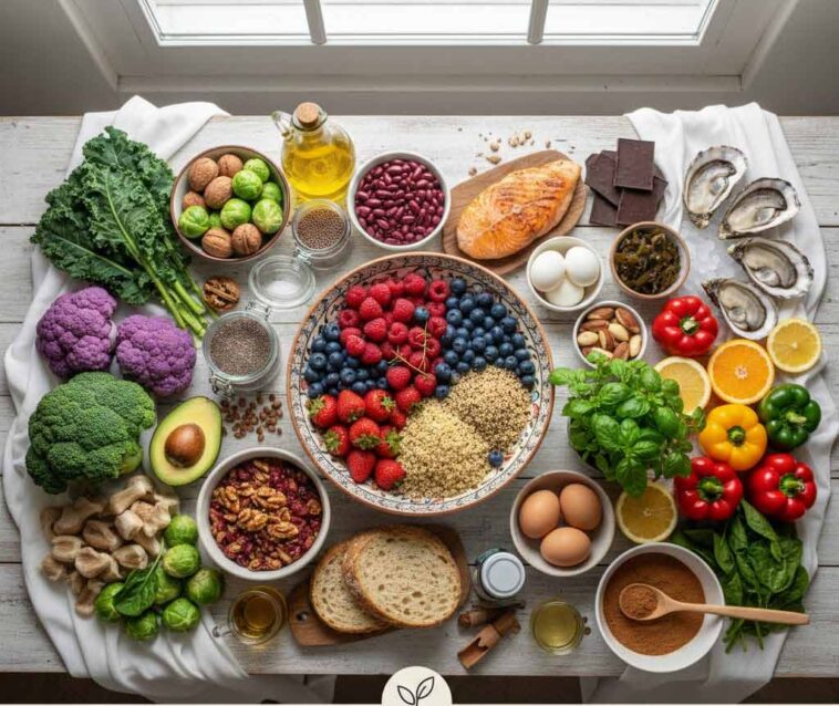 Top-down flat lay view of hormone-balancing foods including broccoli, kale, wild-caught salmon, avocado, blueberries, and walnuts arranged neatly on a white rustic wooden table.