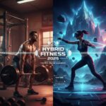 A split image representing Hybrid Fitness 2025. On the left, a man lifts weights in a classic gym. On the right, a woman in a VR headset engages in a virtual boxing workout in a futuristic digital landscape, with the prominent "HYBRID FITNESS 2025" logo connecting the two worlds.