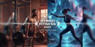 A split image representing Hybrid Fitness 2025. On the left, a man lifts weights in a classic gym. On the right, a woman in a VR headset engages in a virtual boxing workout in a futuristic digital landscape, with the prominent "HYBRID FITNESS 2025" logo connecting the two worlds.