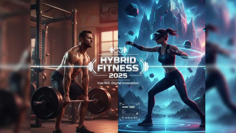 A split image representing Hybrid Fitness 2025. On the left, a man lifts weights in a classic gym. On the right, a woman in a VR headset engages in a virtual boxing workout in a futuristic digital landscape, with the prominent "HYBRID FITNESS 2025" logo connecting the two worlds.
