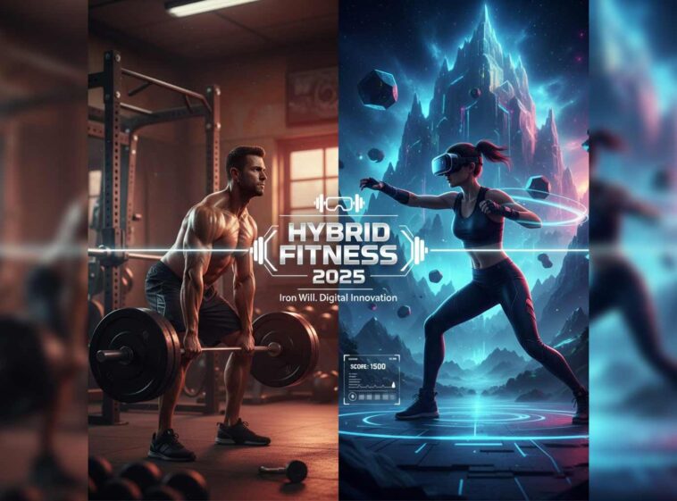 A split image representing Hybrid Fitness 2025. On the left, a man lifts weights in a classic gym. On the right, a woman in a VR headset engages in a virtual boxing workout in a futuristic digital landscape, with the prominent "HYBRID FITNESS 2025" logo connecting the two worlds.
