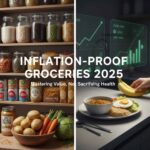 A collection of essential, low-cost food staples including bags of rice, dried beans/lentils, pasta, a carton of eggs, and potatoes, illustrating the concept of inflation-proof groceries for 2025.