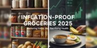 A collection of essential, low-cost food staples including bags of rice, dried beans/lentils, pasta, a carton of eggs, and potatoes, illustrating the concept of inflation-proof groceries for 2025.