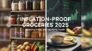 A collection of essential, low-cost food staples including bags of rice, dried beans/lentils, pasta, a carton of eggs, and potatoes, illustrating the concept of inflation-proof groceries for 2025.