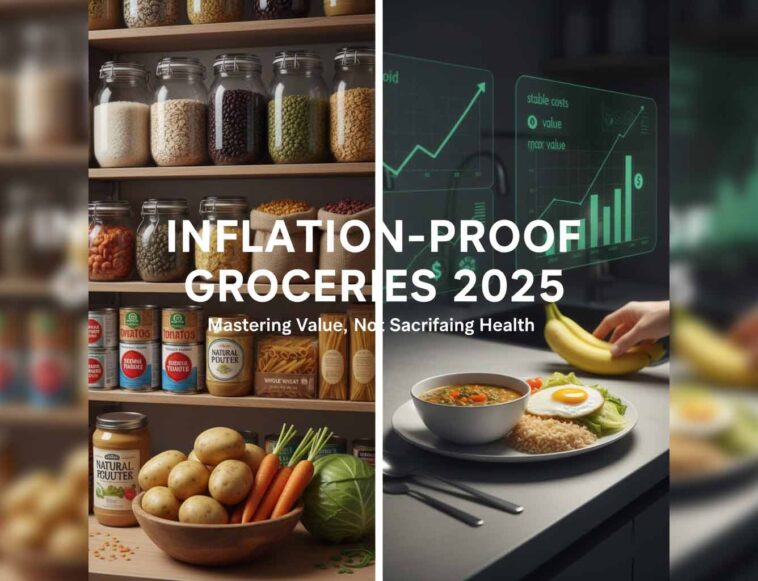A collection of essential, low-cost food staples including bags of rice, dried beans/lentils, pasta, a carton of eggs, and potatoes, illustrating the concept of inflation-proof groceries for 2025.