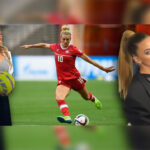 A three-part image. On the left, a woman with long blonde hair, dressed in activewear and holding a soccer ball, represents Lauren Sesselmann's fitness brand. In the center, Lauren Sesselmann in a red Canadian soccer uniform with the number 10, kicking a soccer ball on a green field during a game. On the right, a woman with a high ponytail, wearing a stylish black blazer, representing Sesselmann's business leadership in women's football.
