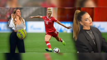 A three-part image. On the left, a woman with long blonde hair, dressed in activewear and holding a soccer ball, represents Lauren Sesselmann's fitness brand. In the center, Lauren Sesselmann in a red Canadian soccer uniform with the number 10, kicking a soccer ball on a green field during a game. On the right, a woman with a high ponytail, wearing a stylish black blazer, representing Sesselmann's business leadership in women's football.