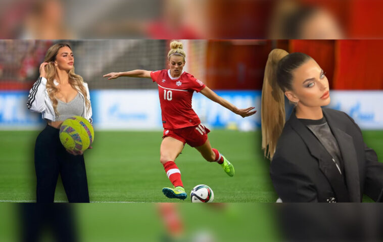A three-part image. On the left, a woman with long blonde hair, dressed in activewear and holding a soccer ball, represents Lauren Sesselmann's fitness brand. In the center, Lauren Sesselmann in a red Canadian soccer uniform with the number 10, kicking a soccer ball on a green field during a game. On the right, a woman with a high ponytail, wearing a stylish black blazer, representing Sesselmann's business leadership in women's football.