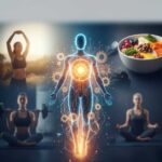 Visual representation of metabolic health through daily habits like exercise, healthy eating, and mindfulness for energy gains.