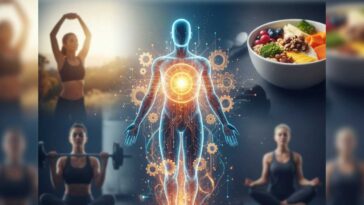 Visual representation of metabolic health through daily habits like exercise, healthy eating, and mindfulness for energy gains.