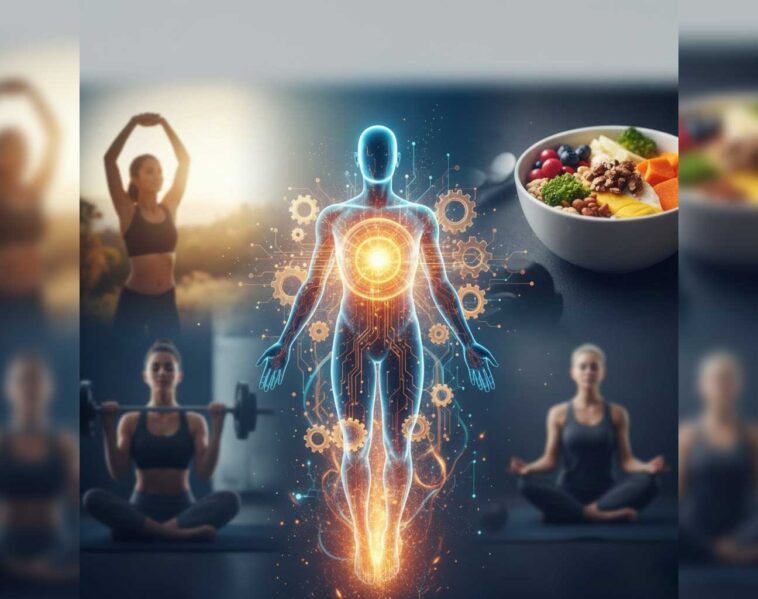 Visual representation of metabolic health through daily habits like exercise, healthy eating, and mindfulness for energy gains.