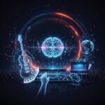 Digital visualization of music industry trends for 2025, featuring a glowing brain/neural network overseeing a mixing board, a holographic guitar, and a crowd at a virtual performance, symbolizing AI's role in creation and distribution.