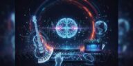 Digital visualization of music industry trends for 2025, featuring a glowing brain/neural network overseeing a mixing board, a holographic guitar, and a crowd at a virtual performance, symbolizing AI's role in creation and distribution.