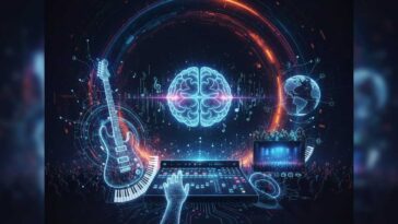 Digital visualization of music industry trends for 2025, featuring a glowing brain/neural network overseeing a mixing board, a holographic guitar, and a crowd at a virtual performance, symbolizing AI's role in creation and distribution.